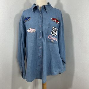 Vtg Get Lucky Denim Shirt Womens L Blue Convertible‎ Car Embroidered Rockabilly